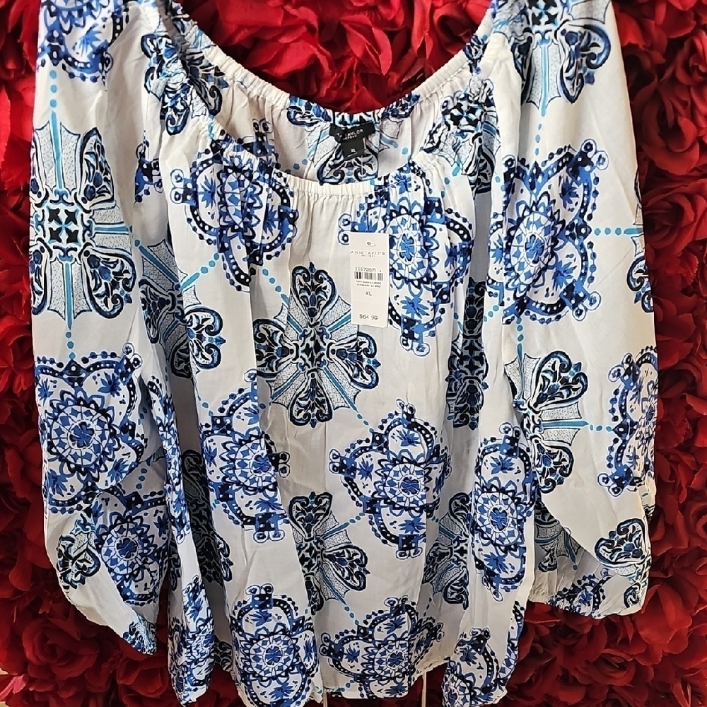 Ann Taylor NWT Women's Blue and White Patterned Tunic Style Scoop Neck Top XL